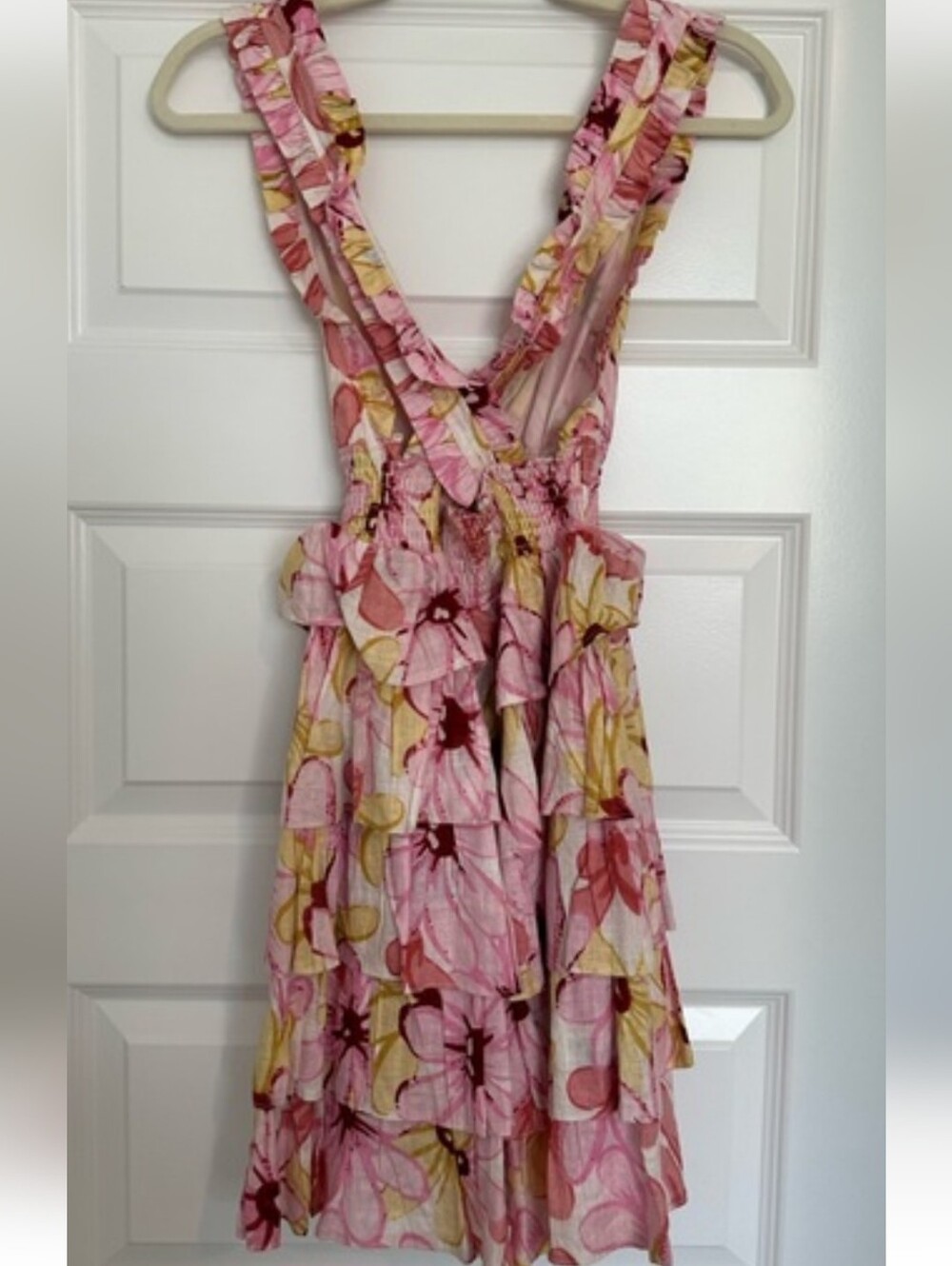 Revolve Sundress Lolita Floral Linen Ruffled Tired Mini Dress Size L - Picture 5 of 5